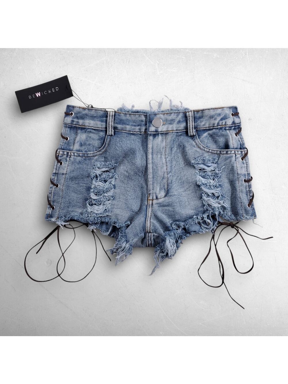 Be Wicked Denim Cutoff Shorts Women S Blue Distressed Leather Lace Sides NWT‎